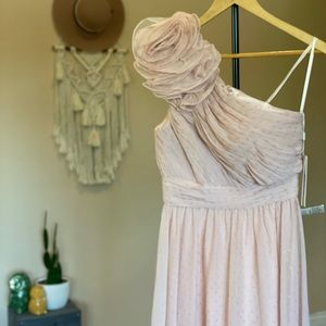 MacDuggal pink and gold one shoulder dress